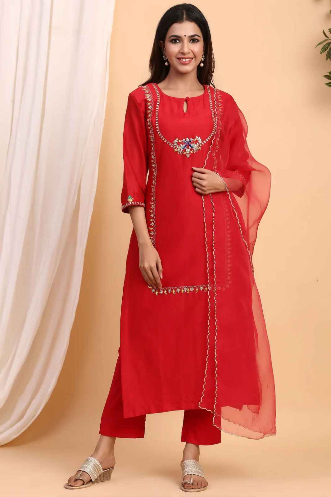 KR 361 Roman Silk Cream Readymade Kurti Pant Dupatta main image 1