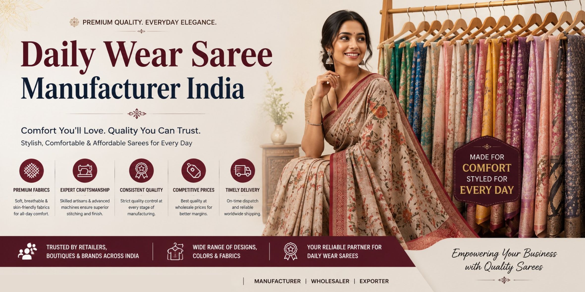 Daily Wear Saree Manufacturer India for Premium Ethnic Wear | Fashionexport