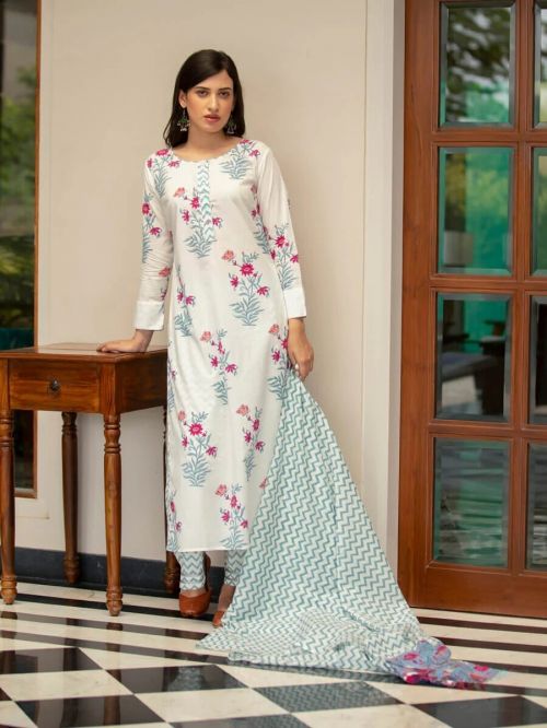 Dhruvi 64 Cotton Casual White Kurti Pant With Dupatta Collection