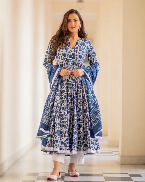 Dhruvi 66 Designer Anarkali Long Cotton Kurti Pant With Dupatta