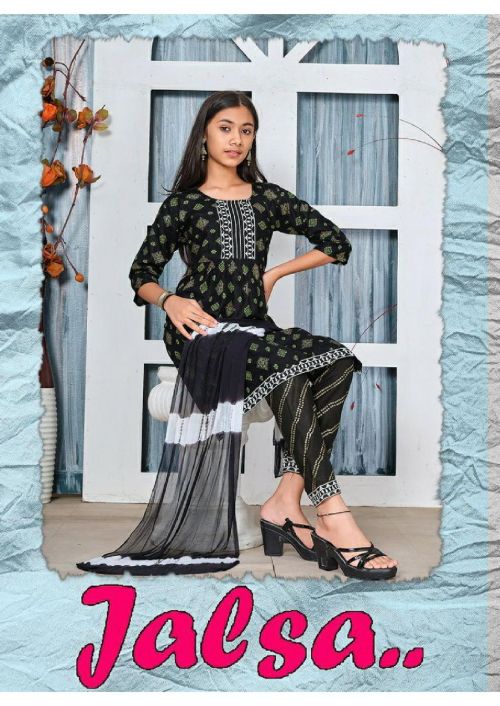 Trendy Jalsa Printed Heavy Rayon Embroidery Top Bottom With Dupatta Girls Wear Collection