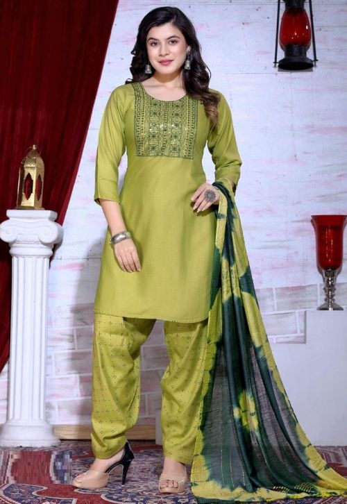 Golden The Colorist Rayon Round Neck Kurta With Patiala And Dupatta Collection