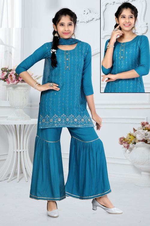 Fancy Kurti Sharara And Dupatta With Gota Lace And Embroidery Work