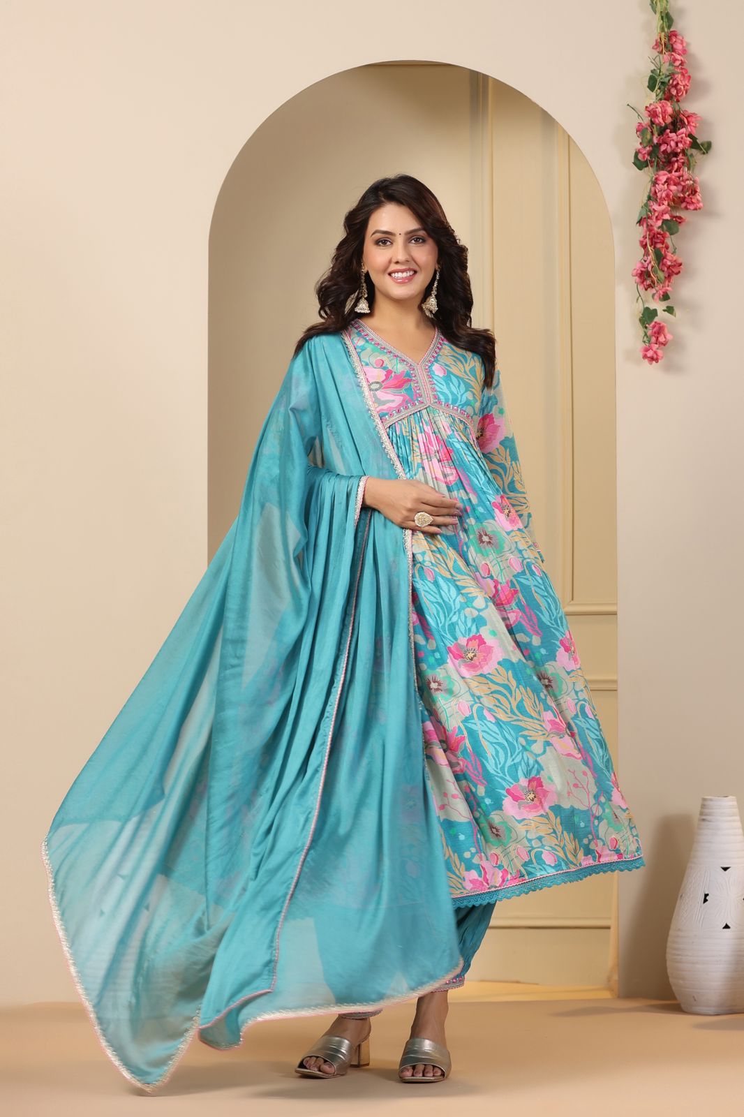 Modestouze Attires Women's Embroidered Chanderi Cotton Kurta Set With Net  Dupatta (Green) (MAK73) - Modestouze Attires - 4276359