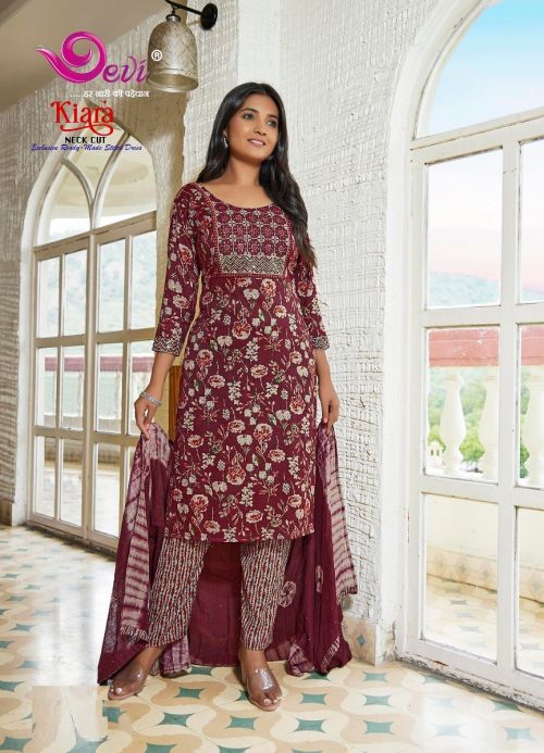 Devi Kiara Designer Wear Rayon Printed Wholesale Kurti Pant With Dupatta Set