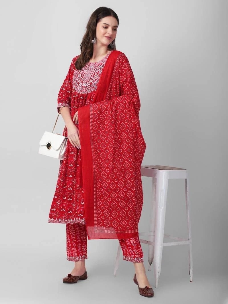 Red Designer Embroidery Work Nyra Cut Kurti Collection