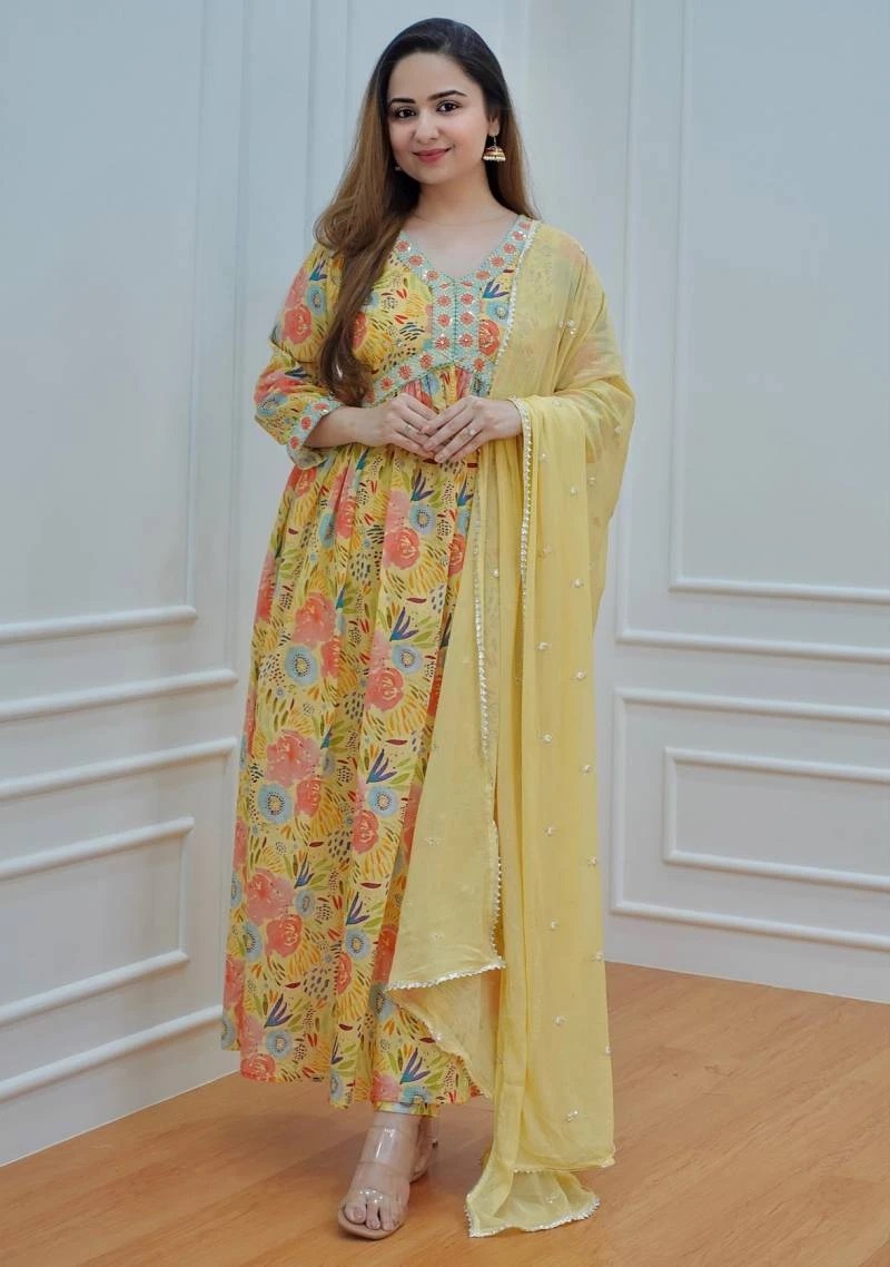 Yellow Cotton Print Embroidery Work Alia Cut Kurti Pant With Dupatta Collection