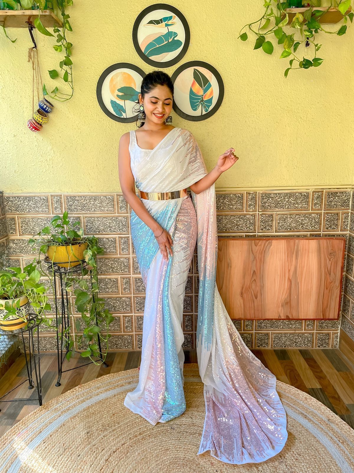 Priyanshu Designer White Sequence Ready To Wear Saree