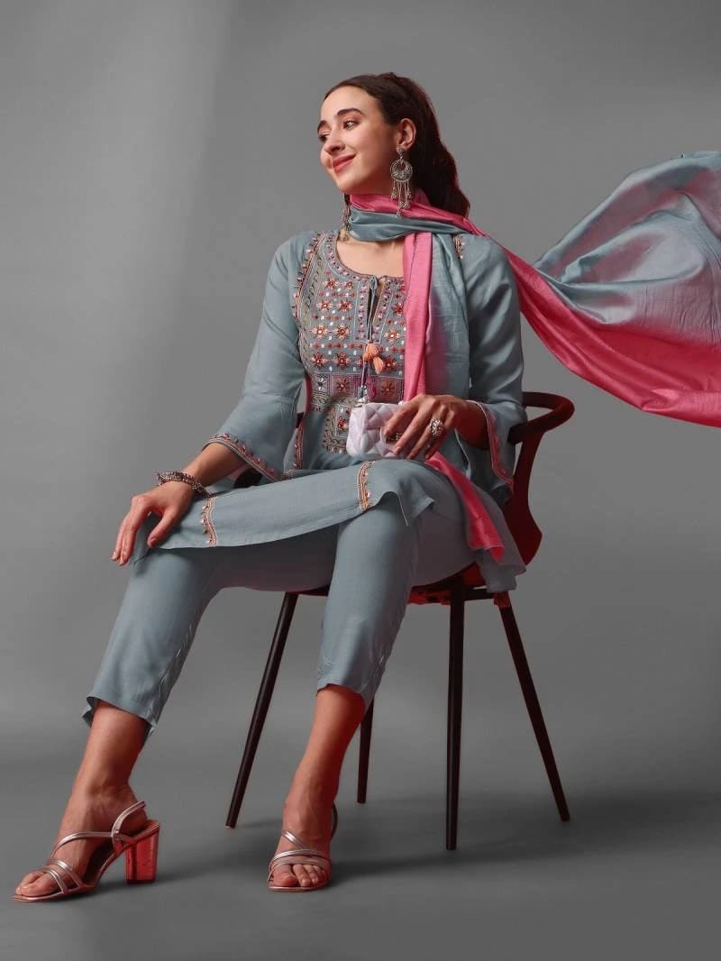 347 Grey Designer Viscose Daily Wear Embroidery Work Grey Kurti Collection