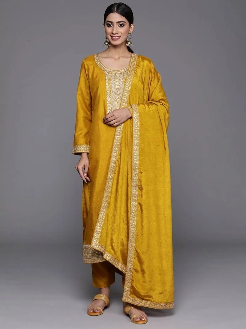 Shreya Yellow Silk Readymade Kurti Pant With Dupatta Set Collection