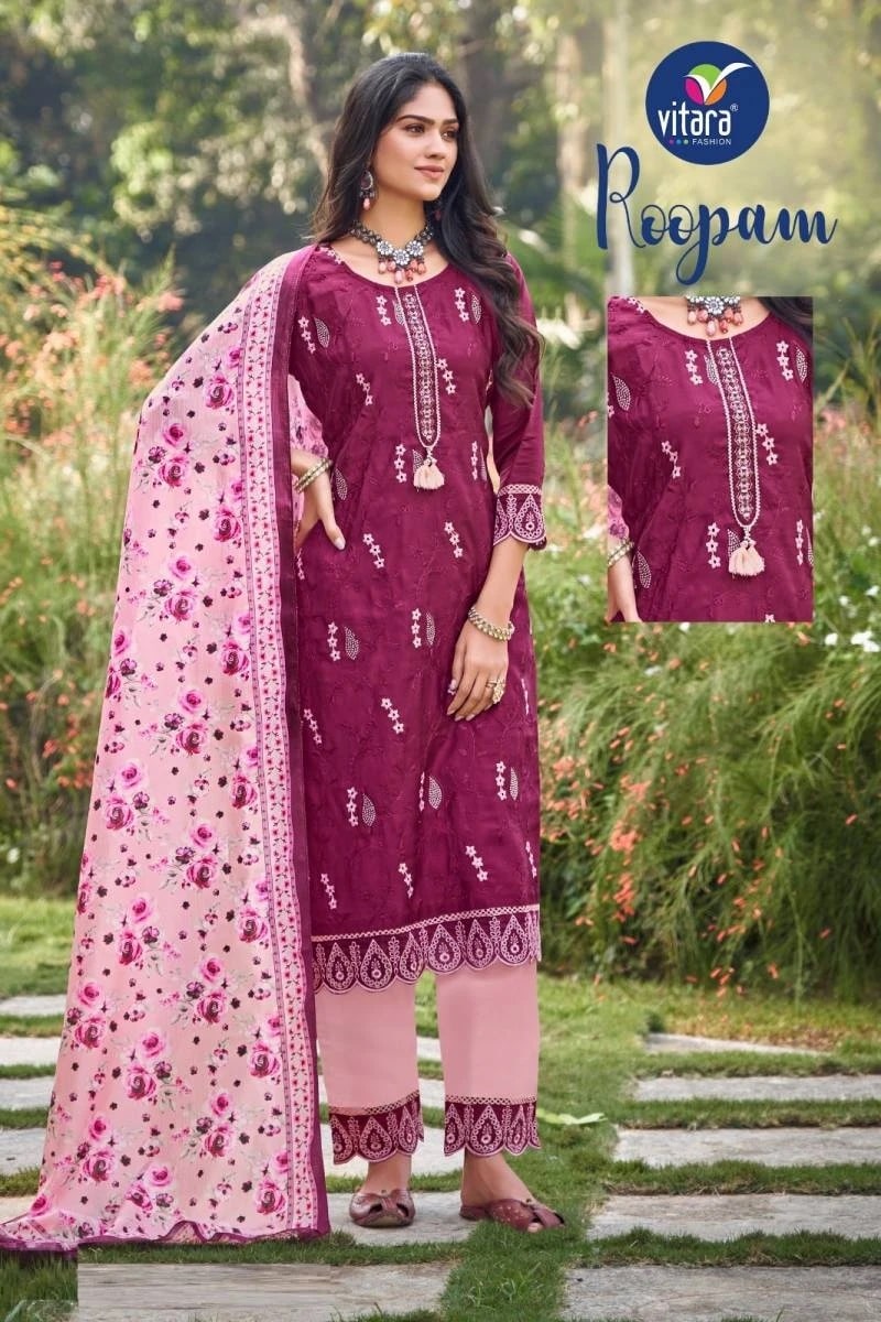 Vitara Roopam Heavy Roman Silk Embroidery Kurti Pant With Dupatta Collection