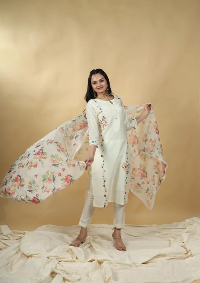 Indira 23172 Chanderi Silk White Trendy Kurti Bottom With Dupatta Collection