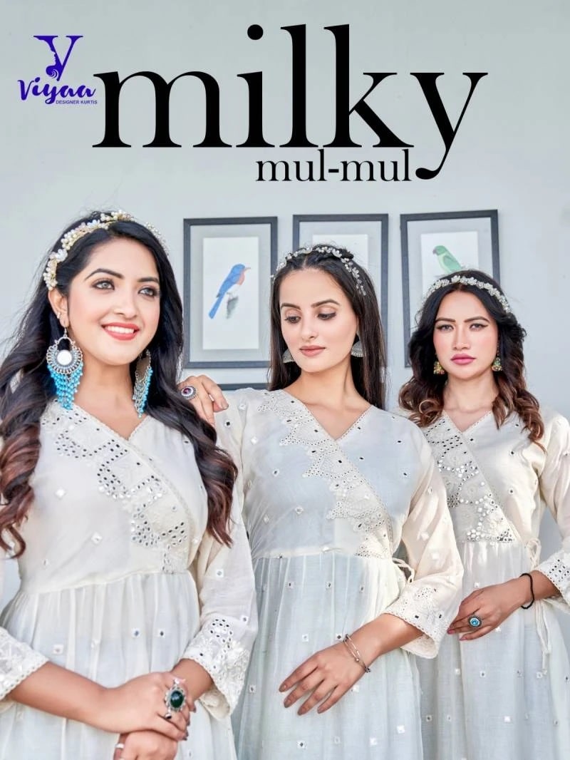 Viyaa Milky Mul Mul Cotton Fancy White Anarkali Kurti Collection