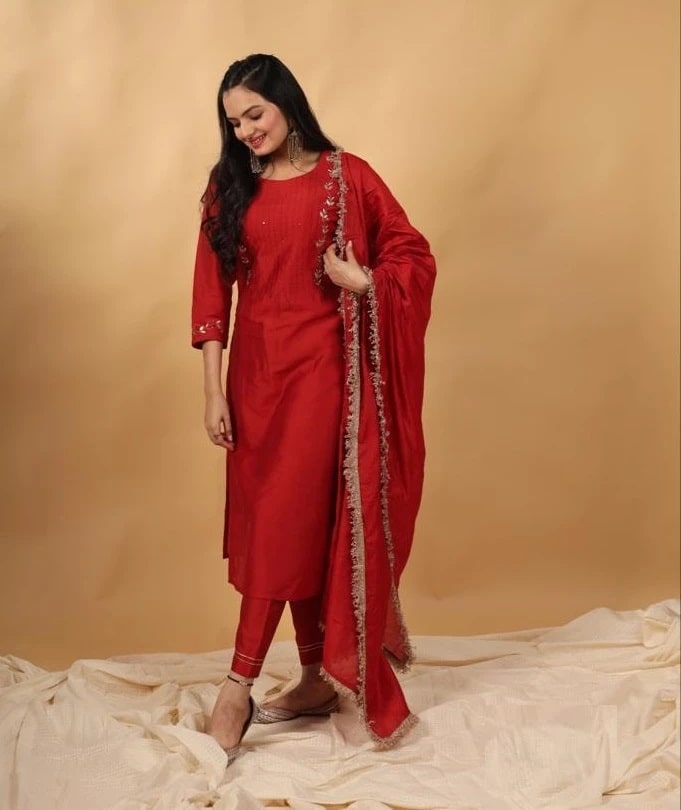 Indira 23174 Silk Red Trendy Kurti Pant With Dupatta Collection