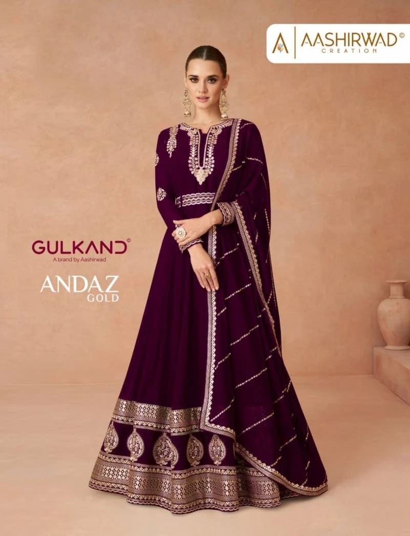 Aashirwad Gulkand Andaz Gold Embroidery Designer Long Gown With Dupatta Collection
