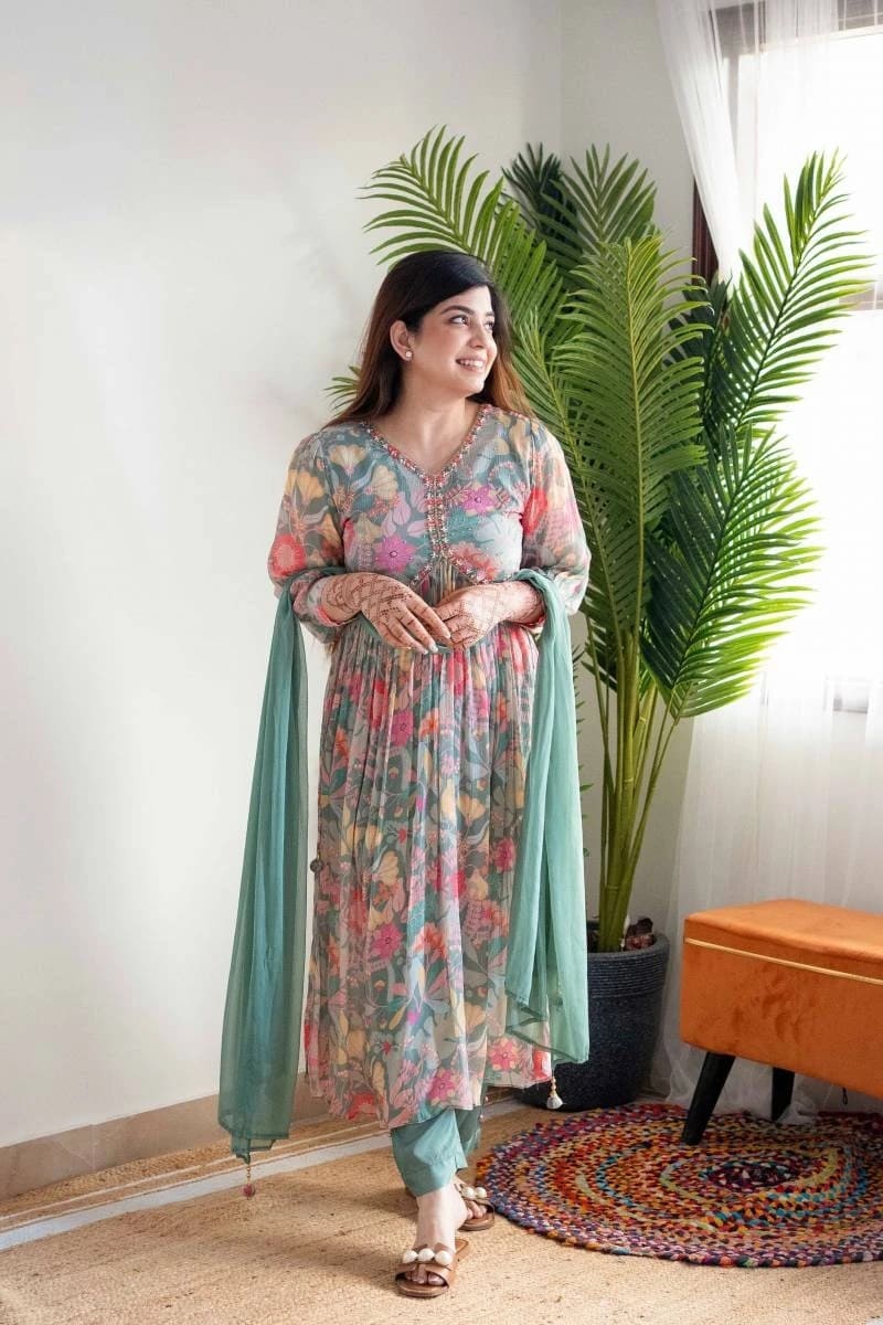 Mehera Green Designer Alia Cut Kurti Bottom With Dupatta