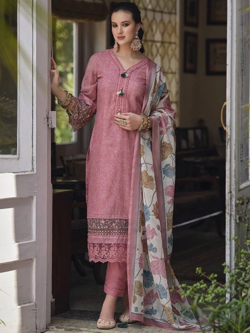 413 Women Embroidered Designer Linen Cotton Kurta Set With Dupatta