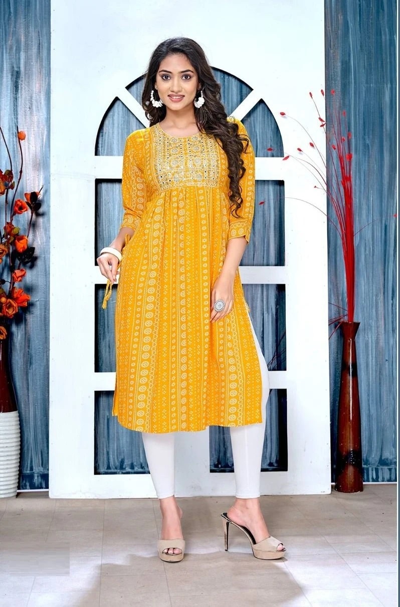 Golden Blissfull 2 Printed Embroidery Flared Kurti Collection