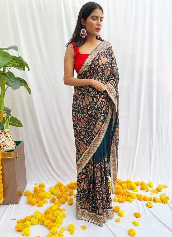3084 Beautiful Multy Colour Embroidery Saree Collection