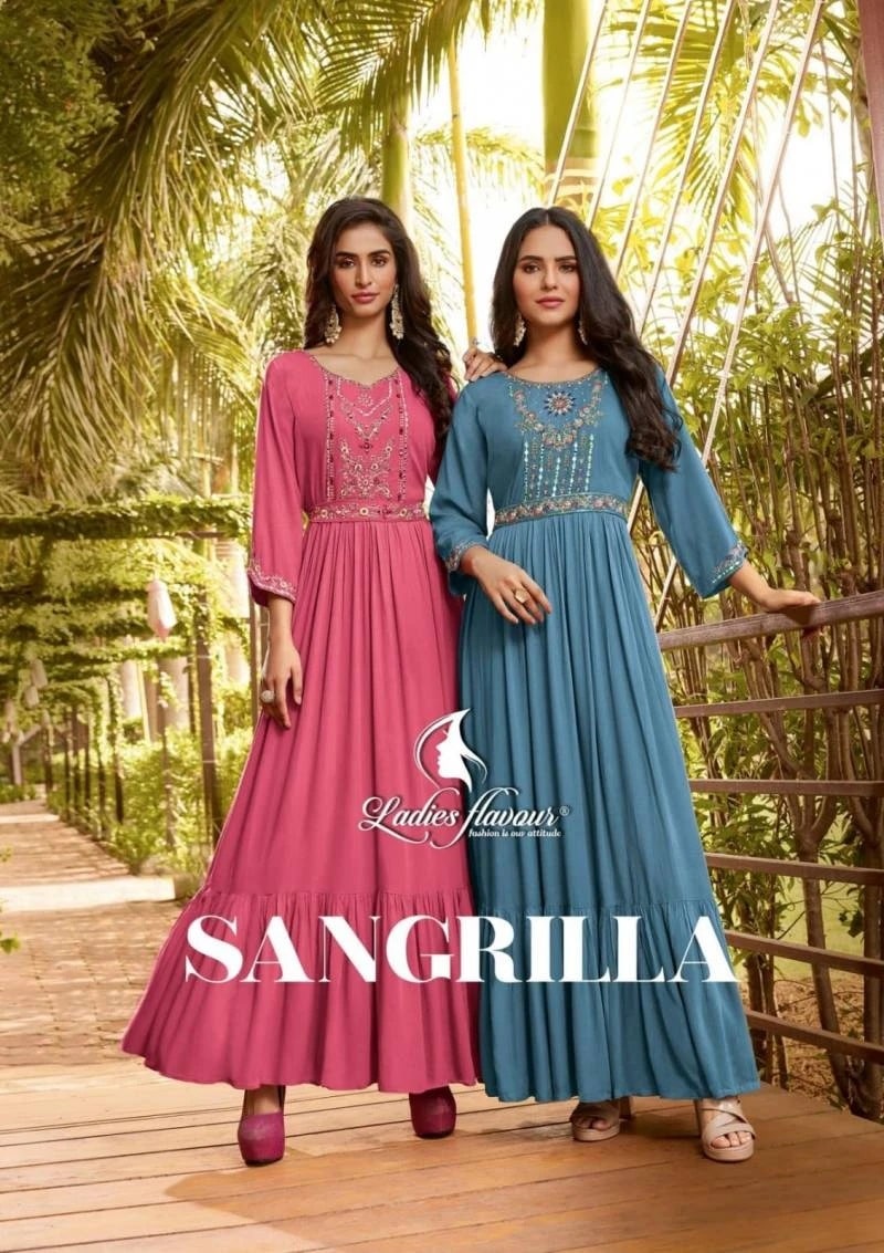 Ladies Flavour Sangrilla Rinkle Latest Embroidered Long Kurti Collection