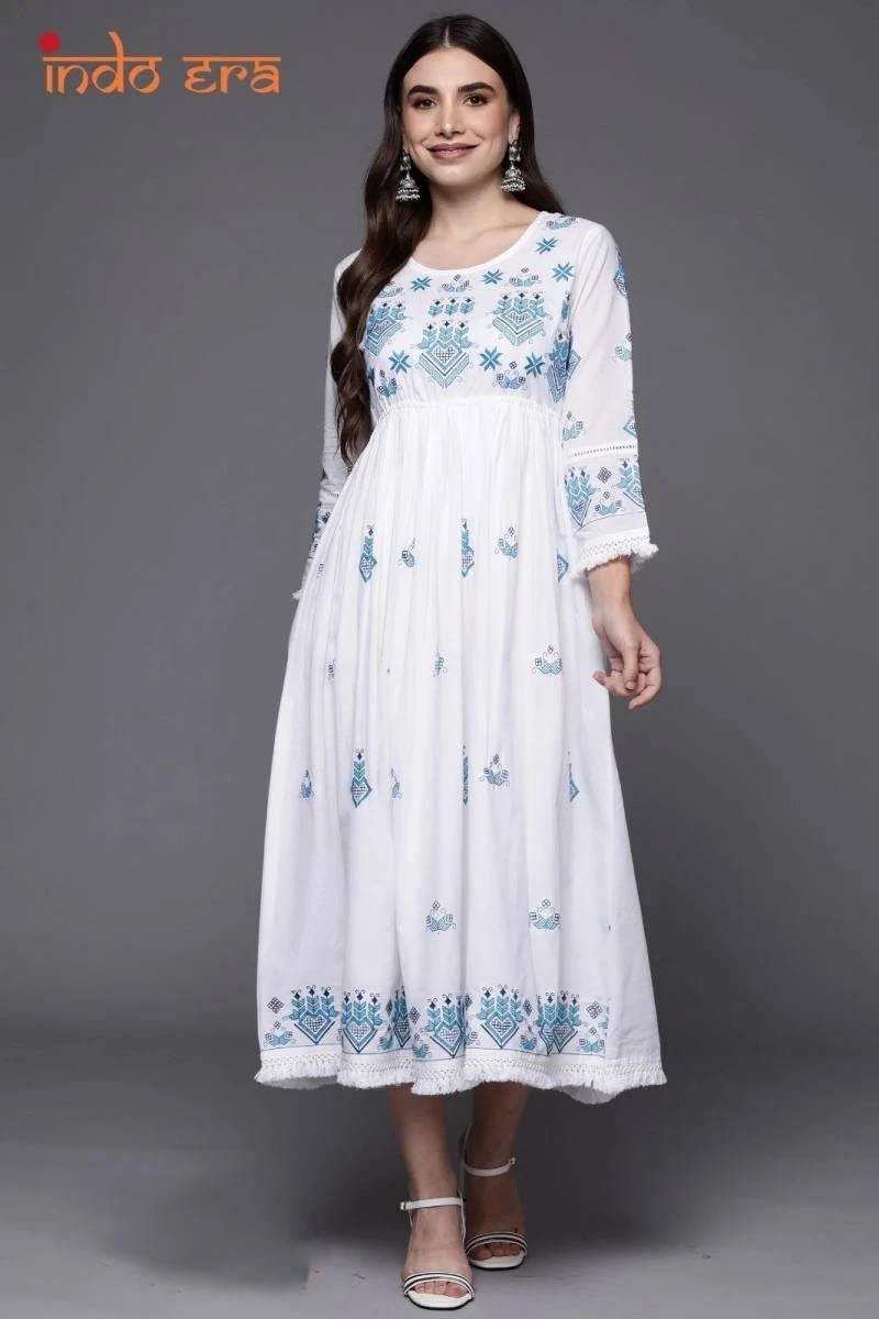 Indo Era 2424 White Ethnic Fancy A Line Midi Dress Collection