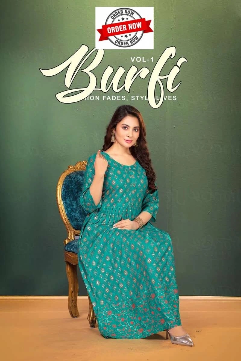 Golden Barfi Vol 1 Fancy Printed Flaired Kurtis Wholesale
