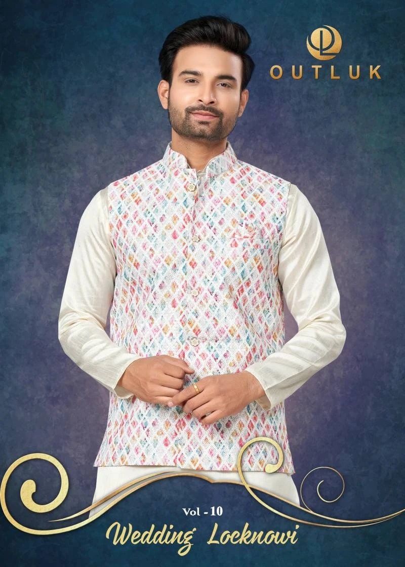 Outluk Wedding Lucknowi Vol 10 Koti Kurta With Pajama Mens Wear