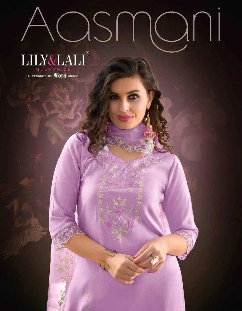 Lily And Lali Aasmani Silk Handwork Kurti Pant With Dupatta Set