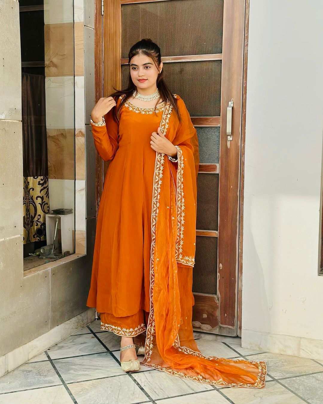 Fashion 1425 Orange Fancy Lace Long Kurti Pant With Dupatta Set