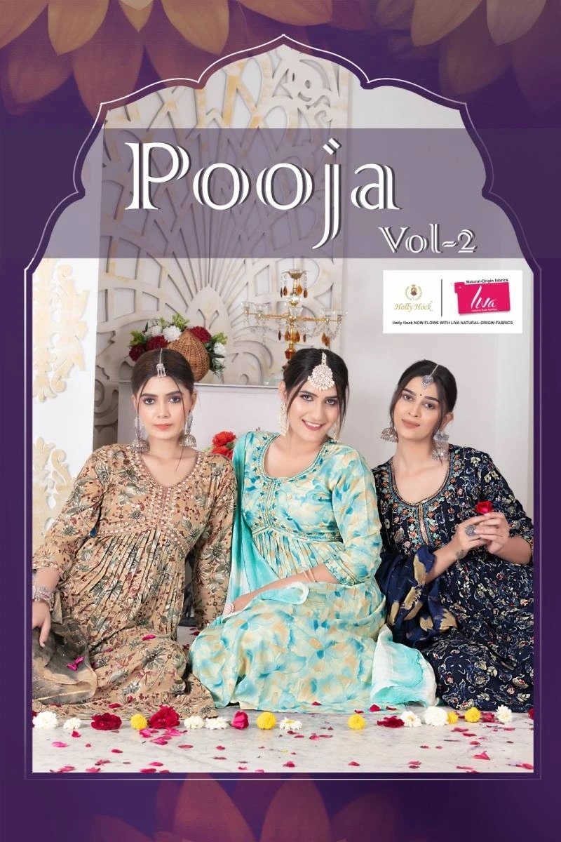 Mystic 9 Pooja Vol 2 Foil Printed Aila Cut Kurti Bottom With Dupatta