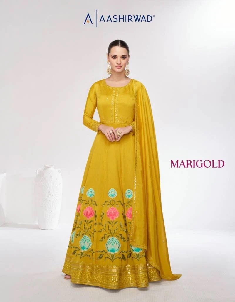 Aashirwad Mari Gold Silk Designer Gown With Dupatta Collection