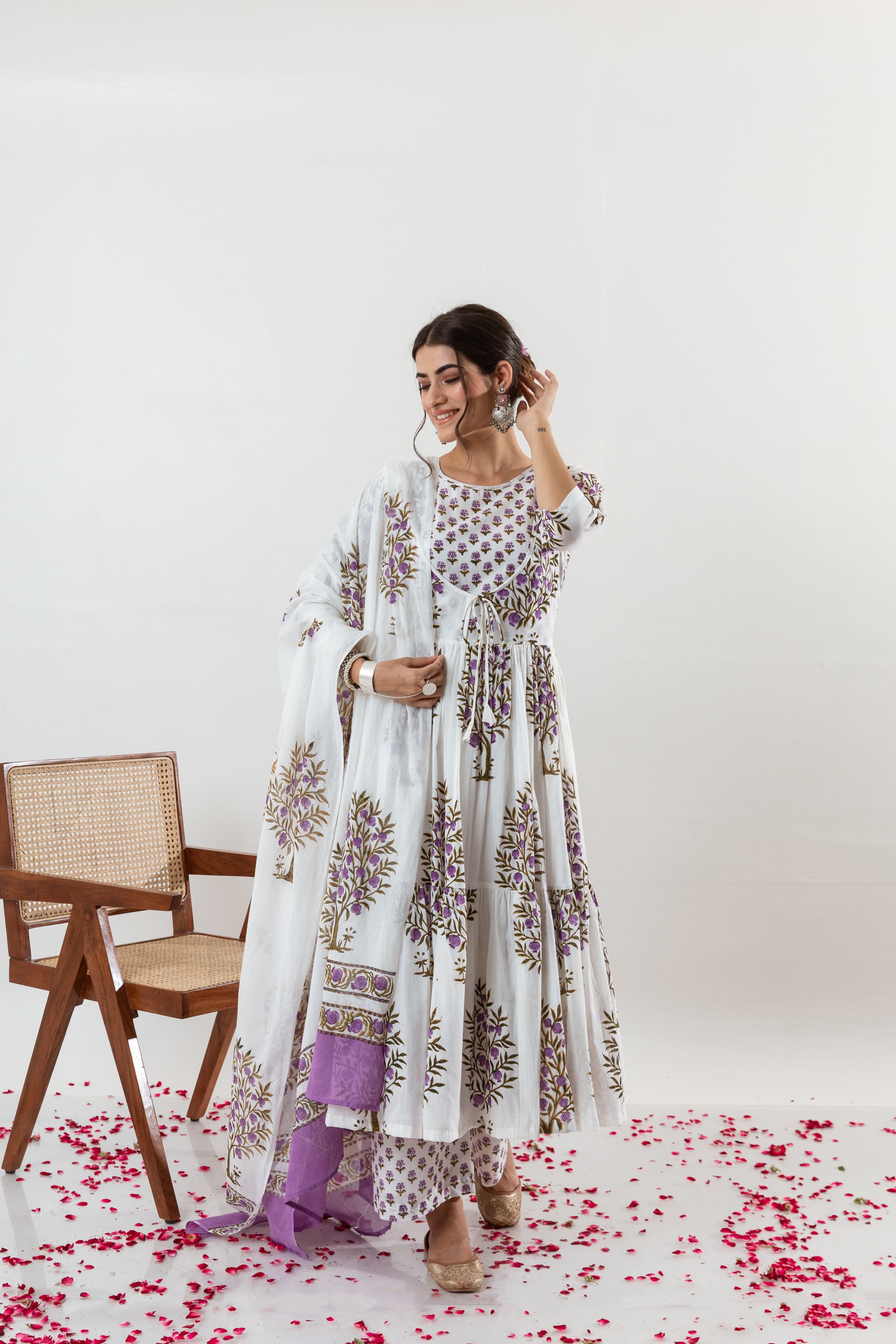 Ad Designer Printed Cotton Anarkali Kurti Pant With Dupatta Set