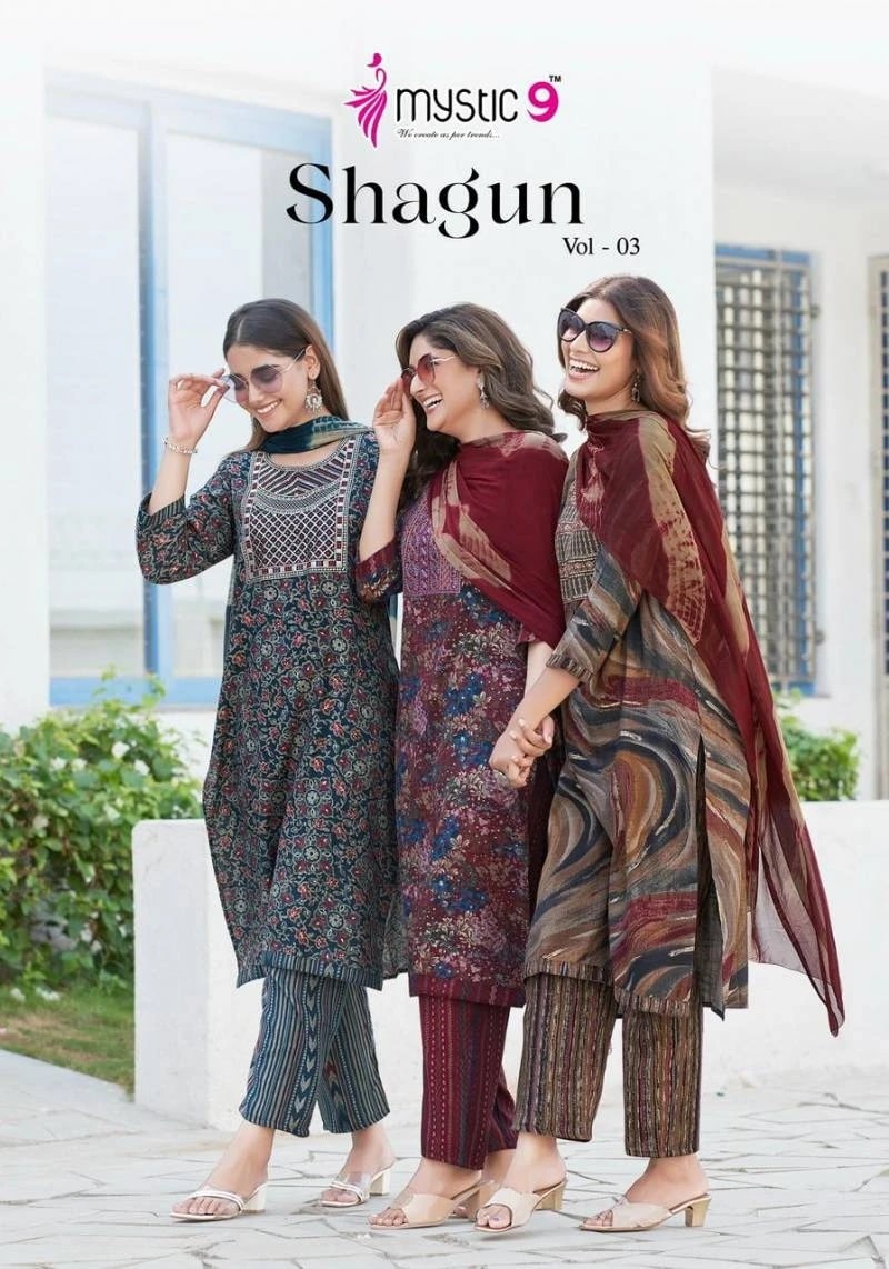 Mystic 9 Shagun Vol 3 Embroidery Kurti Pant With Dupatta Collection