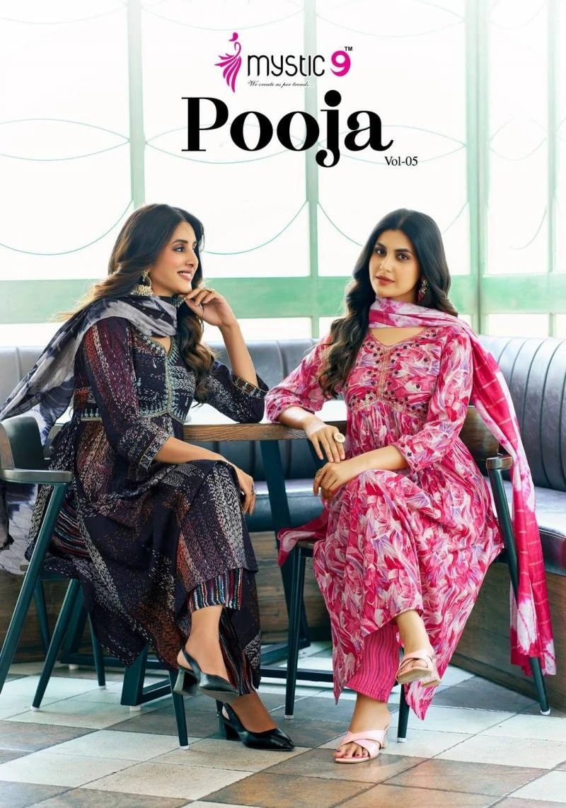 Mystic 9 Pooja Vol 5 Designer Aliya Cut Kurti Bottom With Dupatta Collection
