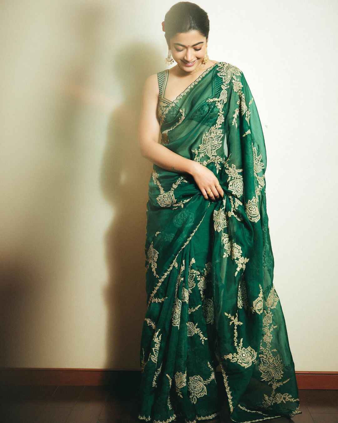 Rashmika Mandanna Designer Green Saree Collection