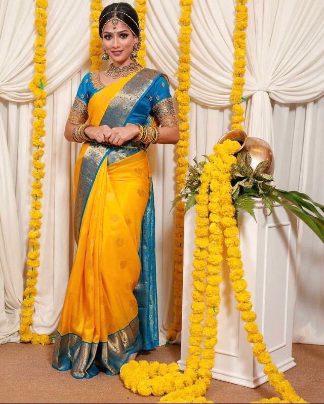 Soft Lichi Silk Yellow Latest Designer Sarees Collection