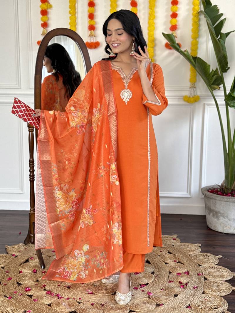 Sku 611 Orange Viscose Kurti Bottom With Dupatta