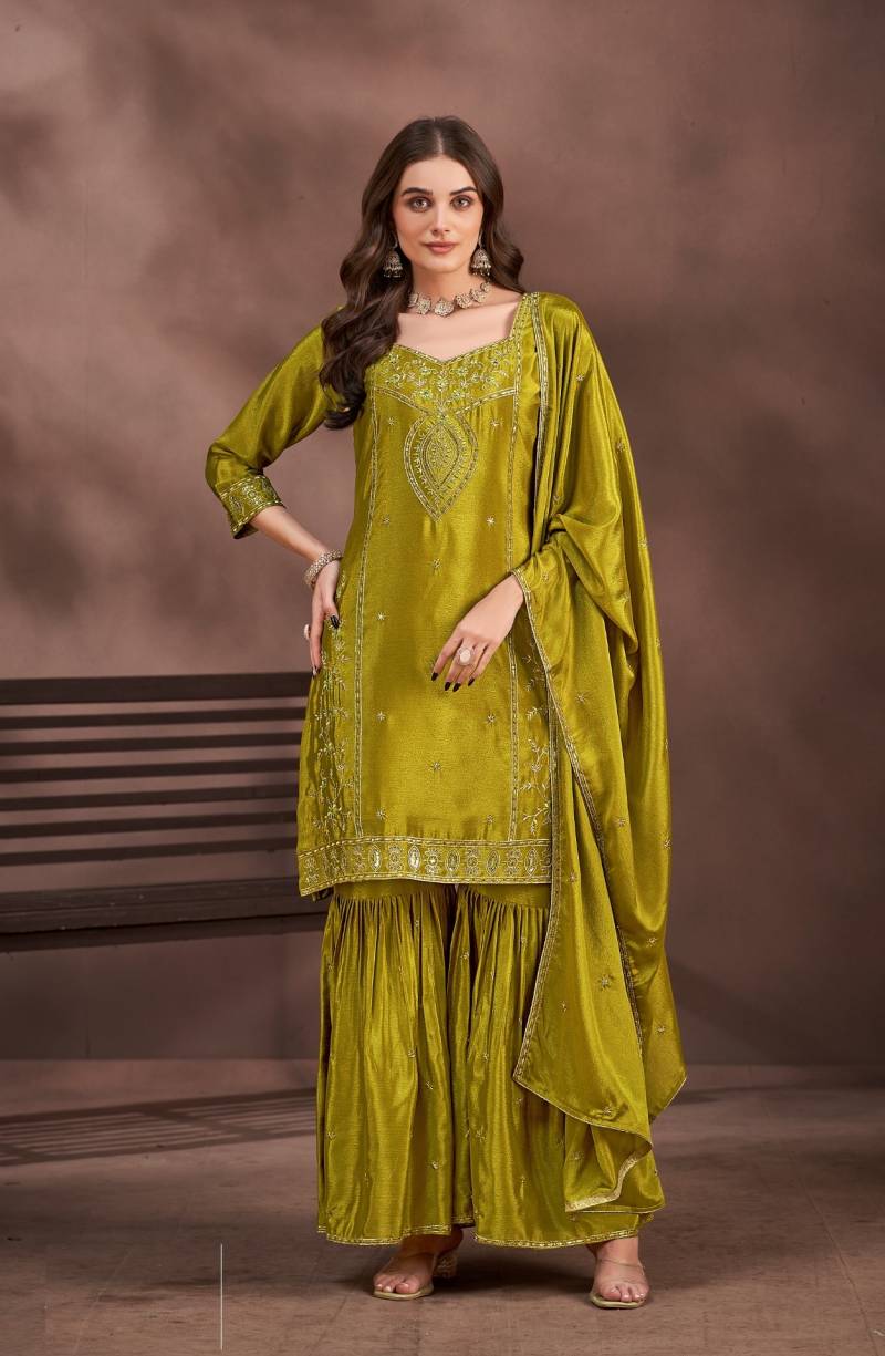 Ladies Flavour Embroidred Chinon Kurti Bottom With Dupatta