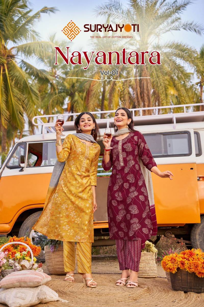 Suryajyoti Nayantara Vol 1 Roman Foil Prints Kurti Pant With Dupatta