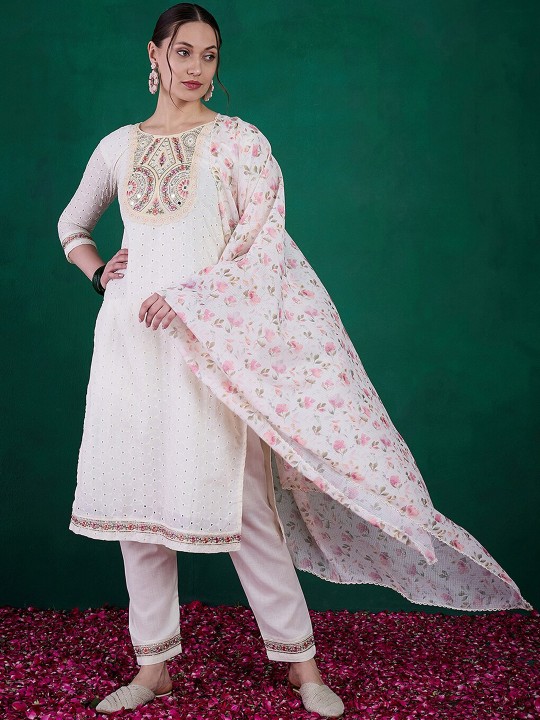 Janvi 1 Schiffli White Kurti Bottom With Dupatta