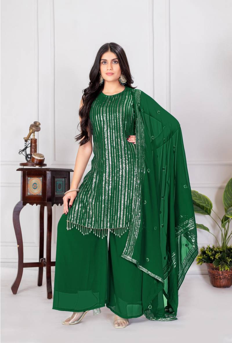 Th 006 A To D Georgette Embroidered Kurta Palazzo Set With Dupatta