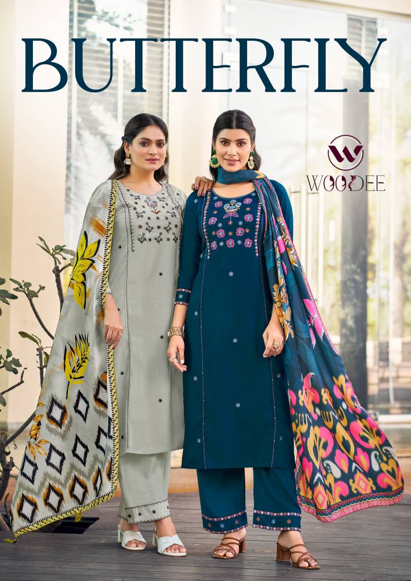 Woodee Butterfly Thread Work Kurti With Bottom Dupatta