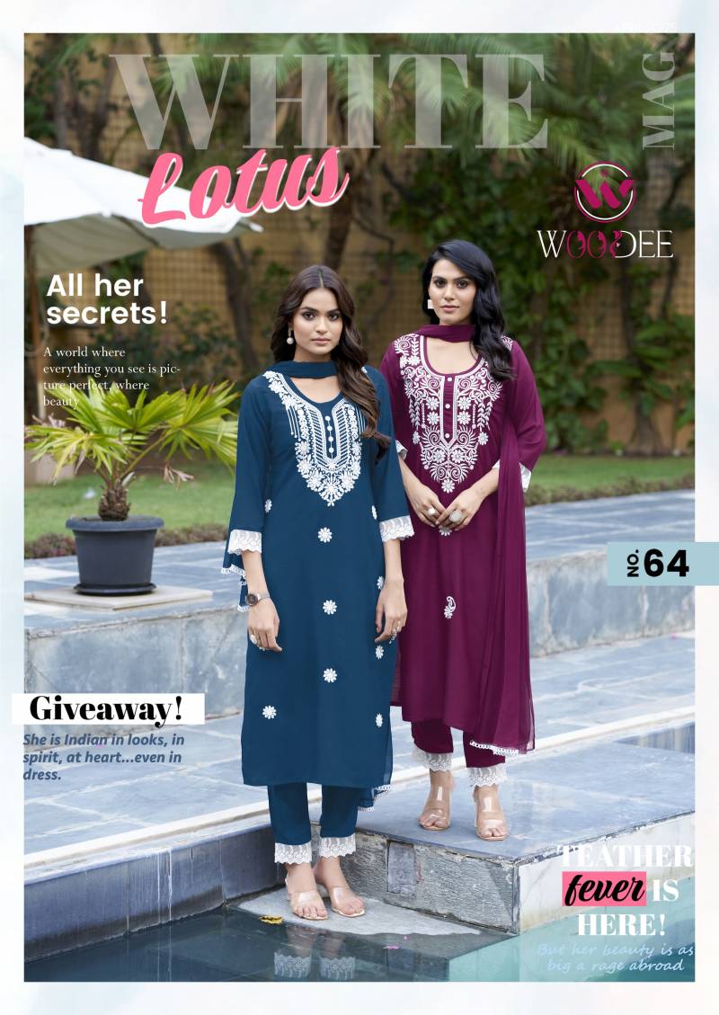 Woodee White Lotus Embroidery Kurti Pant With Dupatta Set