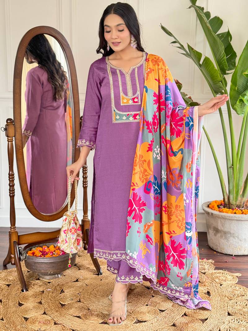 Vx 116 Viscose Slub Purple Kurti Bottom With Dupatta Collection