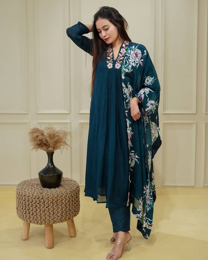 Rasmika 01 Chinon Blue Kurti Bottom With Dupatta