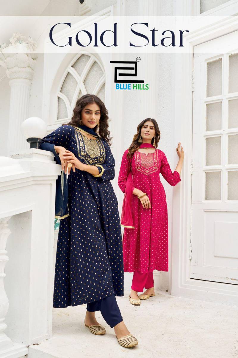 Blue Hills Gold Star Embroidered Anarkali Kurti Pant With Dupatta