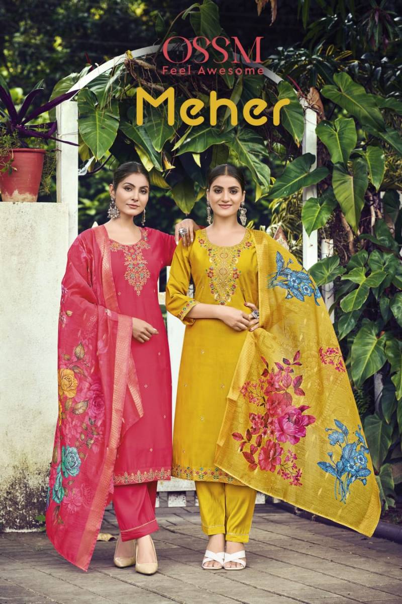 Ossm Meher Roman Silk Readymade Kurti Pant With Dupatta Collection