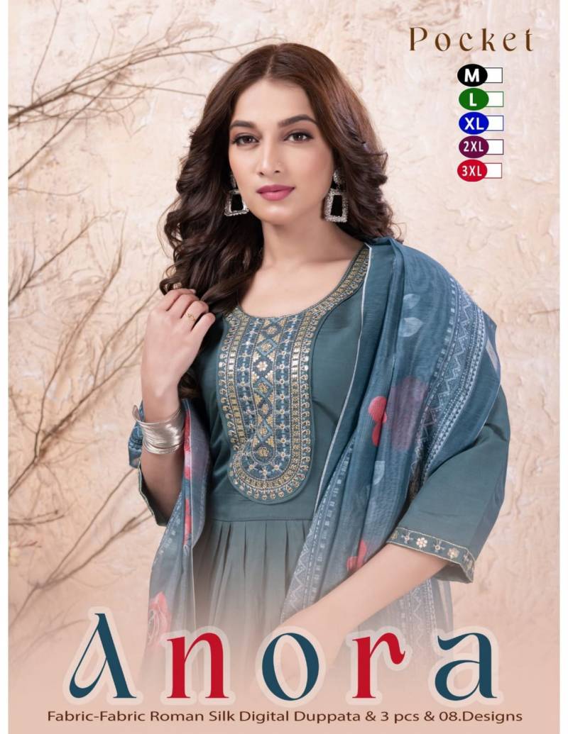 Trendy Anora Roman Silk Anarkali Style Kurti With Bottom Dupatta