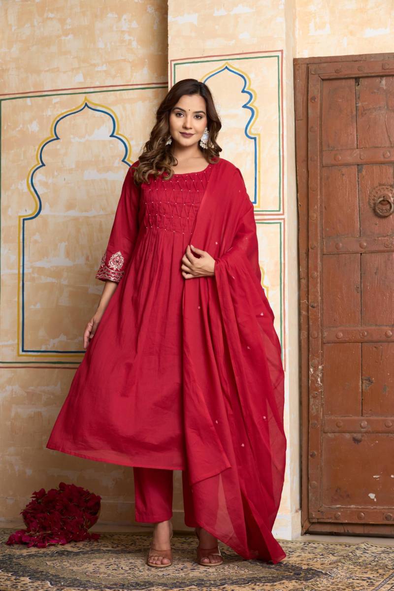 Naisha K 261 Designer Cotton Anarkali Style Kurti With Bottom And Dupatta