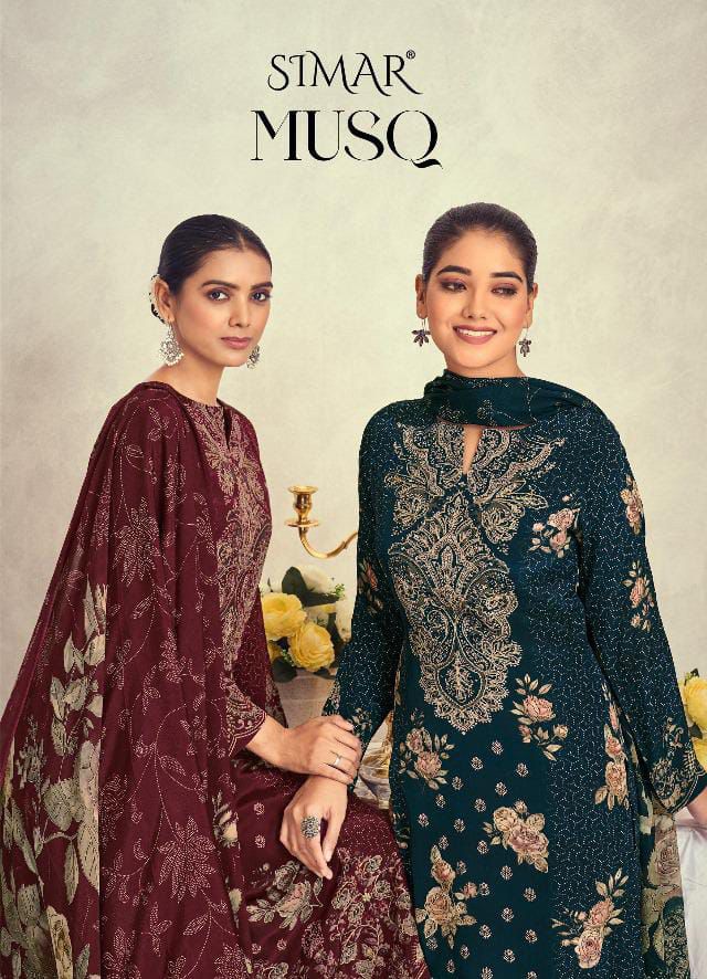 Glossy Simar Musq Crepe Designer Salwar Suits Collection